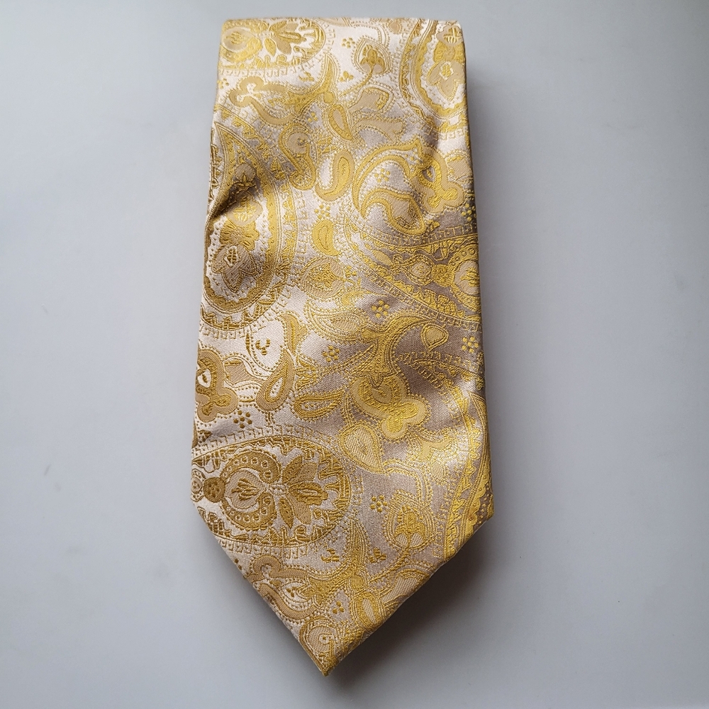 Paul Malone Palm Beach 100% Silk Yellow Silver Metallic Textured Tie Necktie